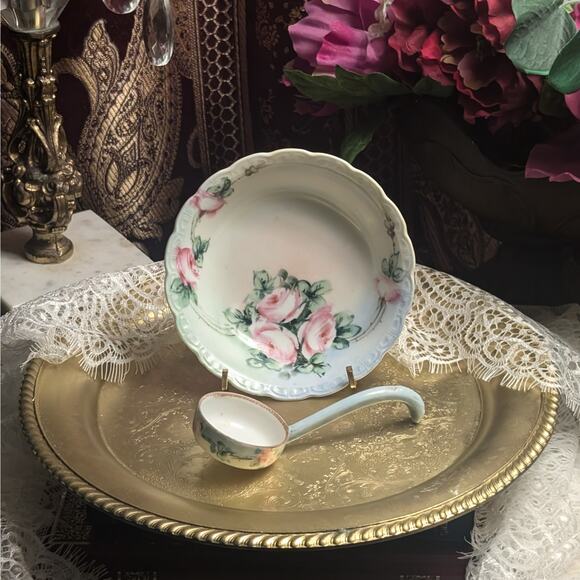1880-1920 Antique P.K Silesia Handpainted Pink Rose Sauce Condiment Bowl & Ladle - Picture 1 of 10